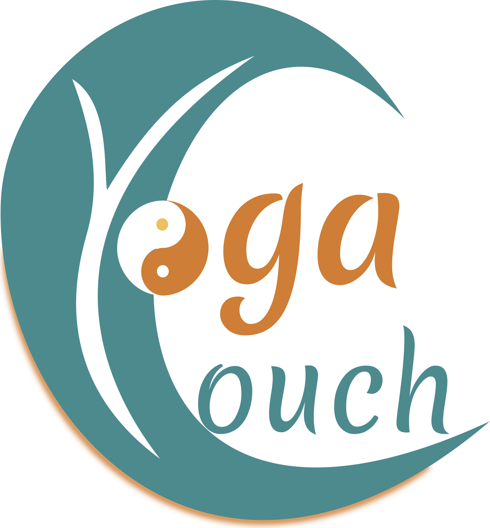 Das Logo von Yogacouch zeigt eine Welle, die gleichzeitig das C von Couch ist. Im inneren der Welle ist ein Y für Yoga. Das O von Yoga ist das Yin Yang Zeichen