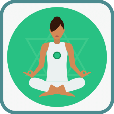 Das Foto zeigt eine gezeichnete Frau im Yogasitz in Grün ist das Anahata Chakra markiert.