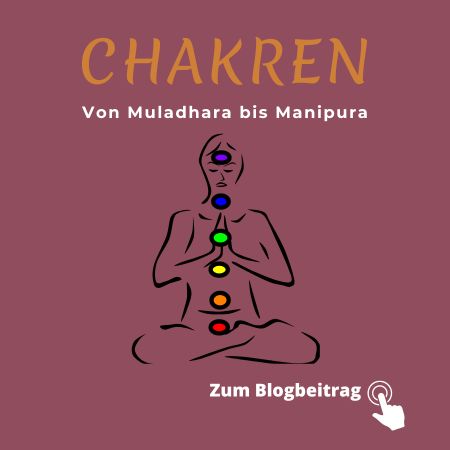 Eine gezeichnete Figur im Yogasitz mit aufgemalten Punkten an den jeweiligen Chakren. Text: "Von Muladhara bis Manipura"