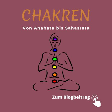 Eine gezeichnete Figur im Yogasitz mit aufgemalten Punkten an den jeweiligen Chakren. Text: "Von Anahata bis Sahasrara"